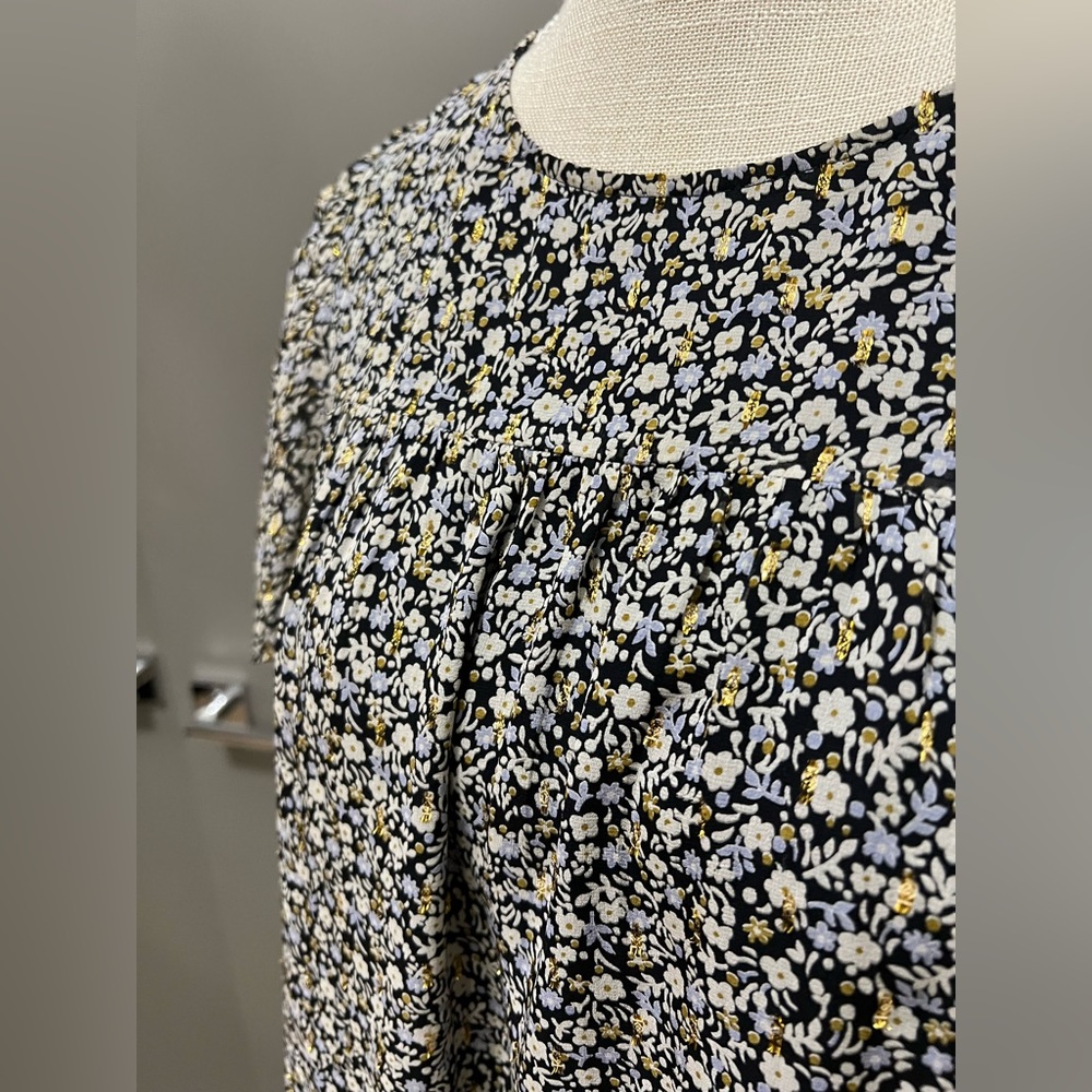 J. Crew Puff Sleeve Pleated Blouse. Tiny floral print w gold metallic